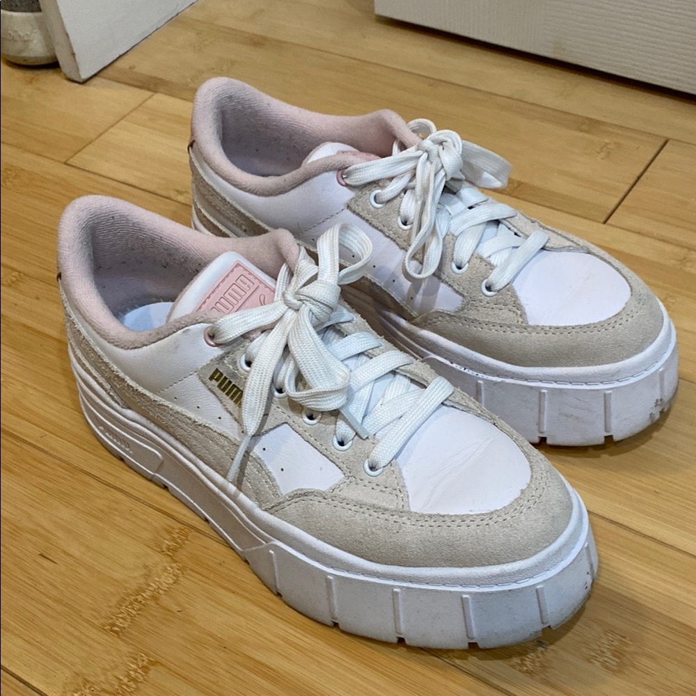 Puma Women's White and Tan platform Sneakers
